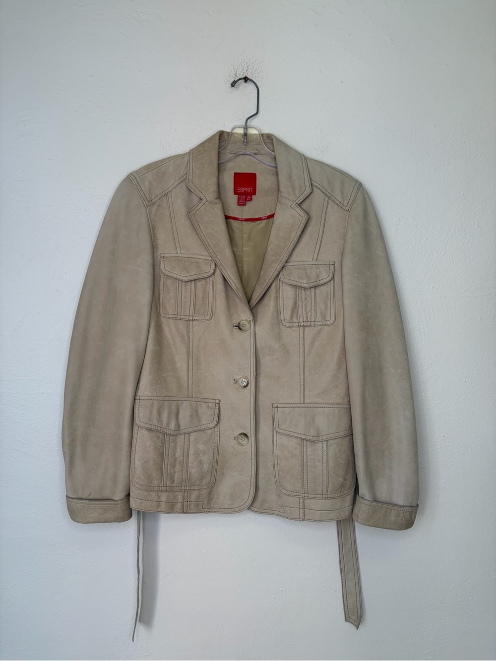 Esprit Light Beige Leather Blazer Jacket Retro Utilitarian Safari-Chic